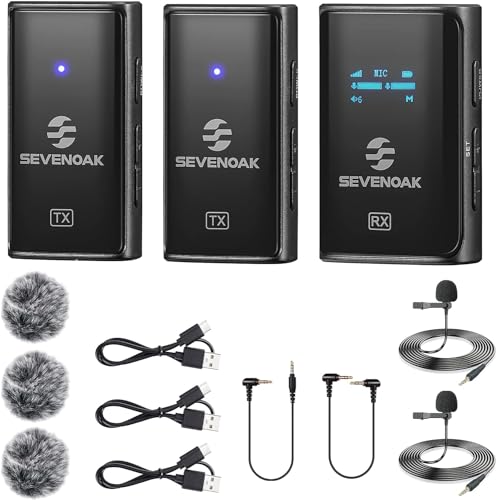 SevenOak Drahtloses Lavalier Mikrofon System, mit OLED, 2.4GHz Dual Ansteckmikrofon mit Stereo/Mono für Kamera Telefon iPhone PC Video Aufnahme Interview Vlog Live Stream SKM-W4 K2 (2 TX+1 RX) von SevenOak
