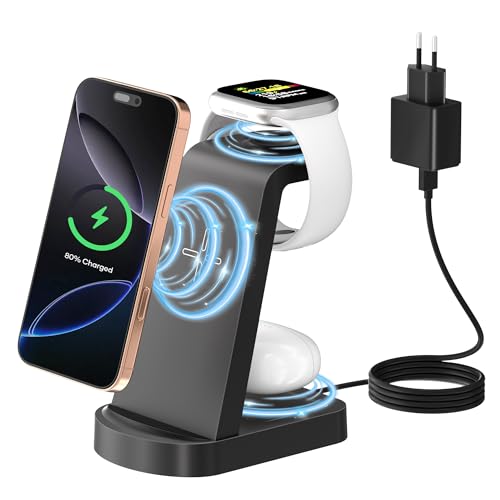 Kabellose Ladestation,3 in 1 Ladestation Kabelloses Ladegerät(Mit 18W Adapter) Wireless Charger kompatibel mit iPhone 16/15/14/13/12 Pro/Pro Max,Apple Watch Ultra/10/9/8/7/6/5/4/SE AirPodsPro Schwarz von Sewowibo