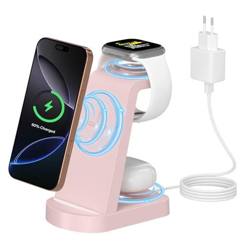 Kabellose Ladestation,3 in 1 Ladestation Kabelloses Ladegerät(Mit 18W Adapter) Wireless Charger kompatibel mit iPhone 16/15/14/13/12 Pro/Pro Max,Apple Watch Ultra/10/9/8/7/6/5/4/SE AirPodsPro Rosa von Sewowibo