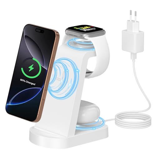 Kabellose Ladestation,3 in 1 Ladestation Kabelloses Ladegerät(Mit 18W Adapter) Wireless Charger kompatibel mit iPhone 16/15/14/13/12 Pro/Pro Max,Apple Watch Ultra/10/9/8/7/6/5/4/SE AirPodsPro Weiß von Sewowibo