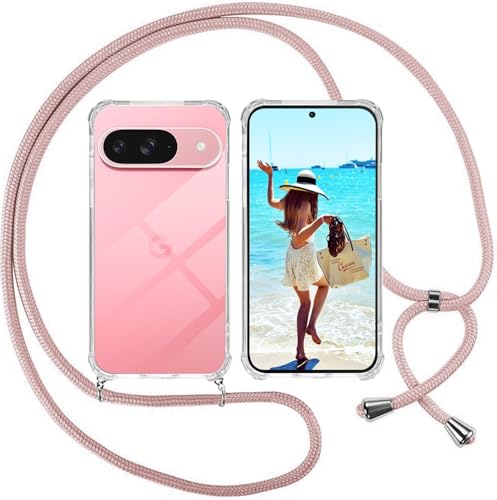 Handykette kompatibel mit Google Pixel 9 Pro Hülle,Handyhülle Transparent Silikon Schutzhülle - Necklace Hülle mit Band Handy-Kette Fallschutzhülle Schnur Kette zum Umhängen Case,Roségold von Sewutoyu