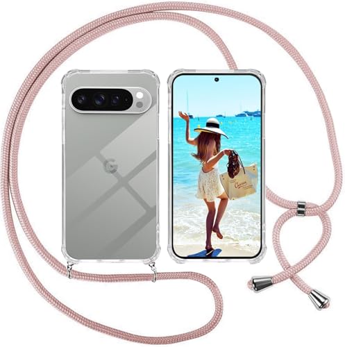 Handykette kompatibel mit Google Pixel 9 Pro XL Hülle,Handyhülle Transparent Silikon Schutzhülle - Necklace Hülle mit Band Handy-Kette Fallschutzhülle Schnur Kette zum Umhängen Case,Roségold von Sewutoyu