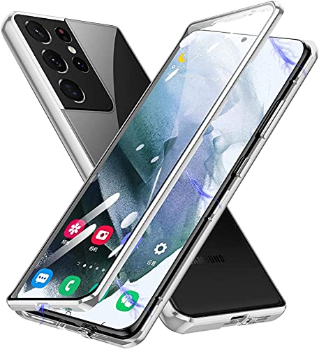 Hülle Kompatible für Samsung Galaxy S23 Ultra, Magnetische Adsorption Handyhülle 360 Grad Schutzhülle Metallrahmen Transparent Gehärtetem Glas Case - Integriert Kamera Schutzfolie Hülle,Silber von Sewutoyu