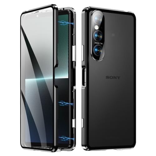 Hülle Kompatible für Sony Xperia 1 VI, Magnetische Adsorption Handyhülle 360 Grad Schutzhülle Metallrahmen Transparent Gehärtetem Glas Displayschutzfolie Case - Integriert Kamera Schutzfolie,Schwarz von Sewutoyu