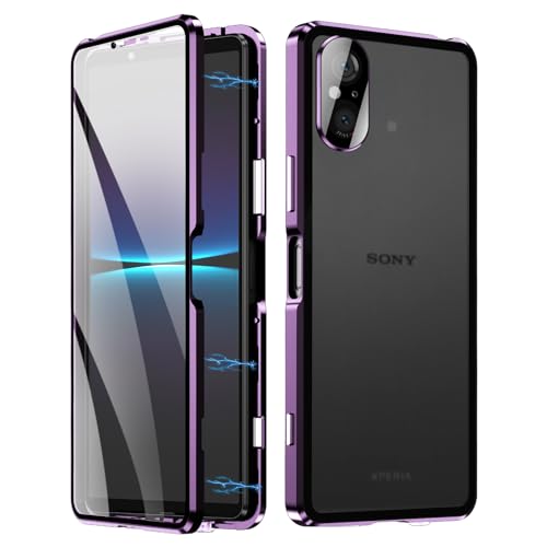 Hülle Kompatible für Sony Xperia 10 VI, Magnetische Adsorption Handyhülle 360 Grad Schutzhülle Metallrahmen Transparent Gehärtetem Glas Displayschutzfolie Case - Integriert Kamera Schutzfolie,Violett von Sewutoyu