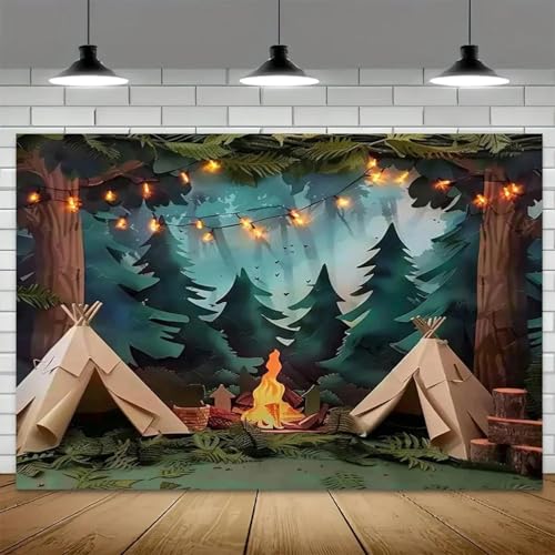 Fotografie-Camping-Hintergrundszene mit Zelt, Feuerstelle und Lichterkette, perfekt für Party- und Event-Dekoration 300cmx200cm von ShaHxczkzsL