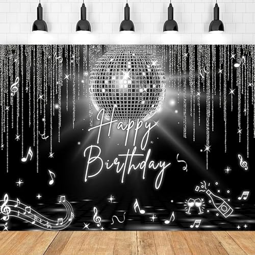 Hintergrundtafel für die Filmdisko-Geburtstagsparty, Funkelnde Silberne Discokugel, Musiksymbole und Lautsprecherdesign 210cmx150cm von ShaHxczkzsL