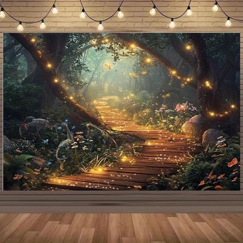 Magischer Waldpfad-Hintergrund, lebendiges Polyester-Banner mit magischen Lichterketten und romantischen bunten Schmetterlingsdekorationen 240cmx180cm von ShaHxczkzsL
