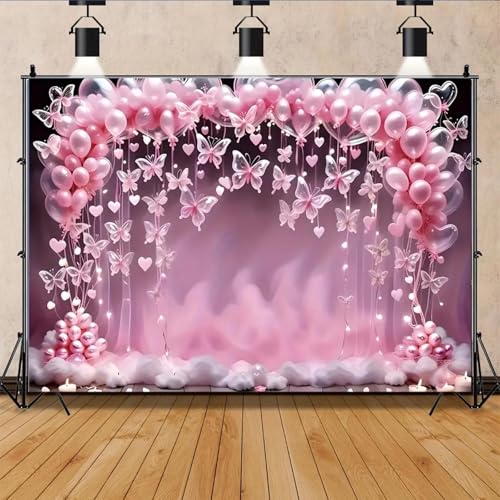 rosa Schmetterlingsballon-Hintergrund mit herzförmiger Lichterkette und Wolken, Dekoration für die erste Geburtstagsparty 210cmx150cm von ShaHxczkzsL