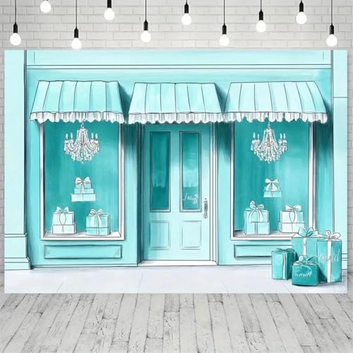 von wasserblauem Vinyl-Juweliergeschäft-Hintergrund-Geburtstagsparty-Dekorationsstreifen mit Pendelleuchte und Schaufenster 210cmx150cm von wasserblauem Vinyl-Juweliergeschäft-Hintergrund-Geburtstagsparty-Dekorationsstreifen mit Pendelleuchte und Schaufenster 210cmx150cm von ShaHxczkzsL