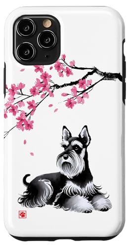 Japanischer Sumi-e Schnauzer Hund Sakura Kirschblüten Hülle für iPhone 11 Pro von Shadoori Fashion - Sumi-e Ink Japanese Aesthetic