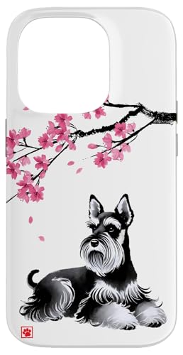 Japanischer Sumi-e Schnauzer Hund Sakura Kirschblüten Hülle für iPhone 14 Pro von Shadoori Fashion - Sumi-e Ink Japanese Aesthetic