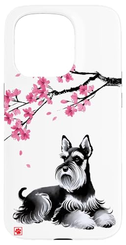 Japanischer Sumi-e Schnauzer Hund Sakura Kirschblüten Hülle für iPhone 15 Pro von Shadoori Fashion - Sumi-e Ink Japanese Aesthetic