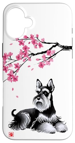 Japanischer Sumi-e Schnauzer Hund Sakura Kirschblüten Hülle für iPhone 16 Plus von Shadoori Fashion - Sumi-e Ink Japanese Aesthetic