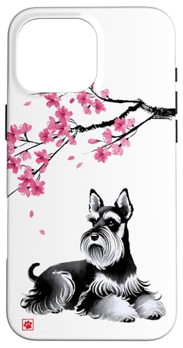 Japanischer Sumi-e Schnauzer Hund Sakura Kirschblüten Hülle für iPhone 16 Pro Max von Shadoori Fashion - Sumi-e Ink Japanese Aesthetic