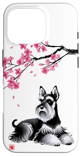 Japanischer Sumi-e Schnauzer Hund Sakura Kirschblüten Hülle für iPhone 16 Pro von Shadoori Fashion - Sumi-e Ink Japanese Aesthetic