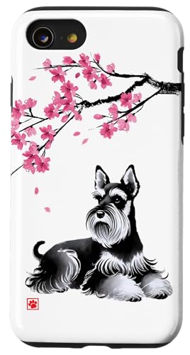 Japanischer Sumi-e Schnauzer Hund Sakura Kirschblüten Hülle für iPhone SE (2020) / 7 / 8 von Shadoori Fashion - Sumi-e Ink Japanese Aesthetic