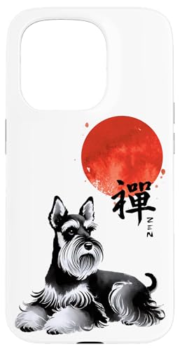 Zen Schnauzer Hund mit roter Sonne Kalligraphie Kunst Hülle für iPhone 15 Pro von Shadoori Fashion - Sumi-e Ink Japanese Aesthetic