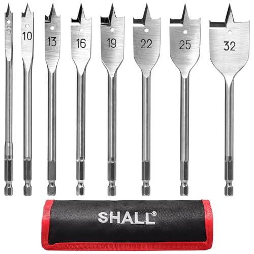 SHALL Spatenbohrer-Set Holz, 8-teilig, 1/4 Zoll Schnellwechsel-Sechskantschaft, Ø 6–32 mm, flacher Holzbohrer, mit Aufbewahrungstasche SHALL Spatenbohrer-Set Holz, 8-teilig, 1/4 Zoll Schnellwechsel-Sechskantschaft, Ø 6–32 mm, flacher Holzbohrer, mit Aufbewahrungstasche von Shall