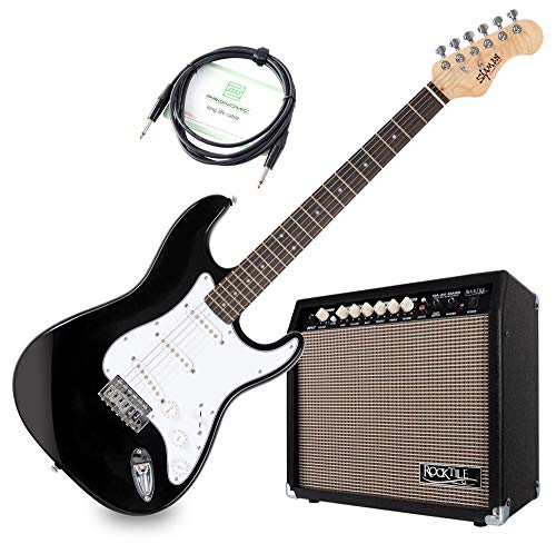 Shaman Element Series STX-100B E-Gitarre Verstärker Set - Macassar Griffbrett - ST-Bauweise mit 3 Single Coils - 30 Watt Gitarrencombo mit 2 Kanälen - 8" Speaker - Gitarrenkabel - schwarz von Shaman