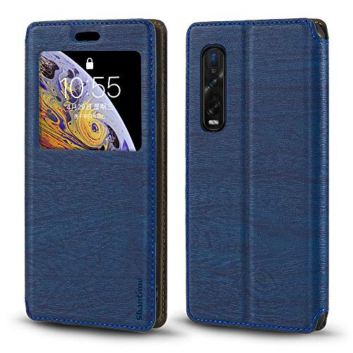 Shantime Oppo Find X2 Pro Hülle, Holzmaserung Leder Hülle mit Kartenfach und Fenster, Magnet Flip Cover für Oppo Find X2 Pro Blau von Shantime