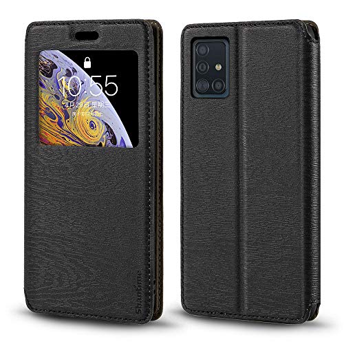 Schutzhülle für Samsung Galaxy A51, Holzmaserung, Leder, mit Kartenhalter und Fenster, magnetisch, Flip Cover für Samsung Galaxy A51 (schwarz) von Shantime