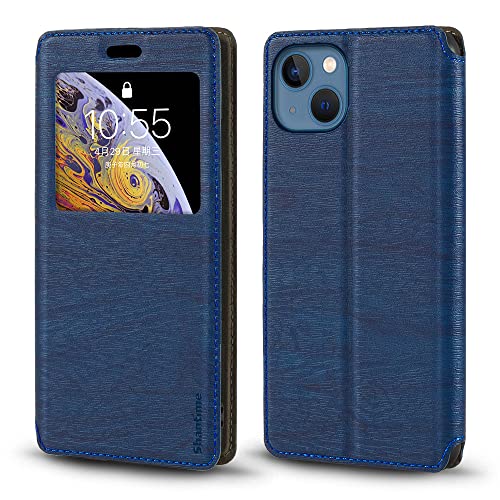 Shantime für iPhone 13 6.1 Hülle, Holzmaserung Lederhülle mit Kartenhalter und Fenster, Magnetische Flip Cover für iPhone 13 6.1 (6.1 Zoll) Blau von Shantime
