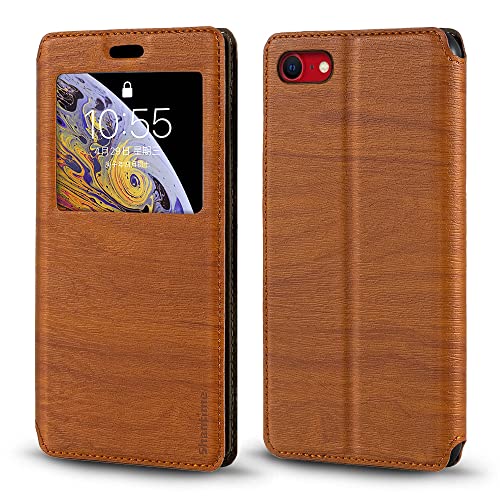 Shantime für iPhone SE 2022 Hülle, Holzmaserung Ledertasche mit Kartenhalter und Fenster, Magnetisches Flip Cover für iPhone SE 3 (4,7 Zoll) Braun von Shantime