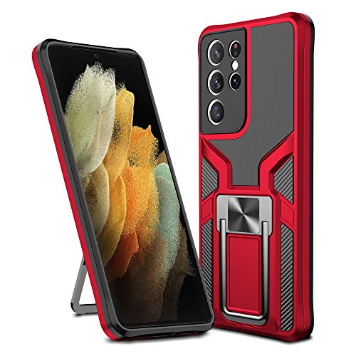 SharkProten Hülle für Samsung Galaxy S21 Ultra 5G Stoßfeste Flexibel Handy Tasche Bumper Schutzhülle Ringhalter Ständer Robuste Case Cover mit Magnetverschluss, Rot von SharkProten