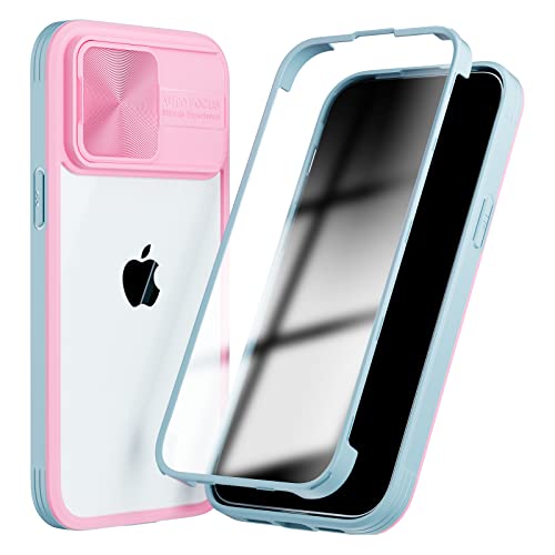 SharkProten Hülle für iPhone 11 Handyhülle 360 Grad Ganzkörper Case-Schutzhülle mit Verschiebbarer Kameraabdeckung Stoßfester Bumper Schlanke Transparente HandyHülle, Hellblau + Rosa von SharkProten