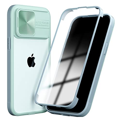 SharkProten Hülle für iPhone 12/12 Pro Handyhülle 360 Grad Ganzkörper Case-Schutzhülle mit Verschiebbarer Kameraabdeckung Stoßfester Bumper Schlanke Transparente HandyHülle, Hellgrün + Grau von SharkProten