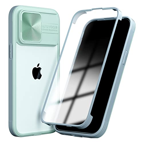 SharkProten Hülle für iPhone 12 Pro Max Handyhülle 360 Grad Ganzkörper Case-Schutzhülle mit Verschiebbarer Kameraabdeckung Stoßfester Bumper Schlanke Transparente HandyHülle, Hellgrün + Grau von SharkProten