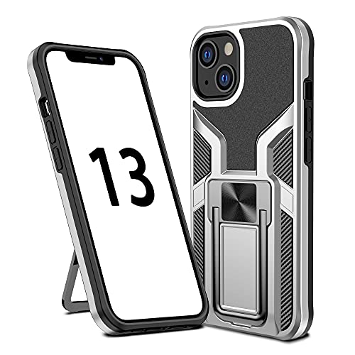 SharkProten Hülle für iPhone 13 Stoßfeste Flexibel Handy Tasche Bumper Schutzhülle Ringhalter Ständer Robuste Case Cover mit Magnetverschluss, Silber von SharkProten