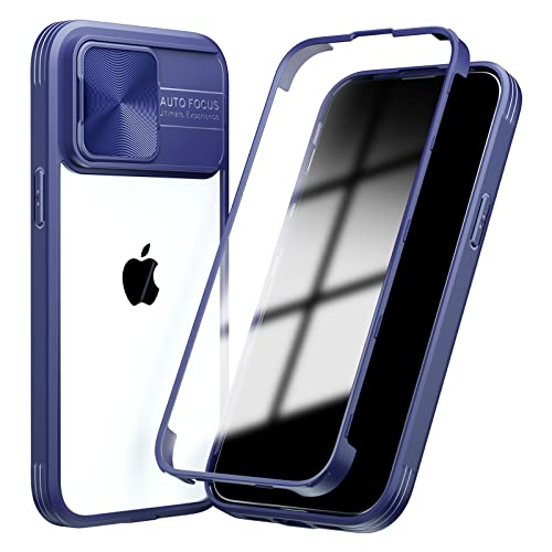 SharkProten Hülle für iPhone 14 Plus Handyhülle 360 Grad Ganzkörper Case-Schutzhülle mit Verschiebbarer Kameraabdeckung Stoßfester Bumper Schlanke Transparente HandyHülle, Dunkelblau von SharkProten