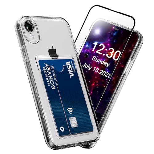 SharkProten Hülle für iPhone XR mit Gehärtetes Glas Schutzfolie, Handyhülle mit Kartenfach Kameraschutz Transparent TPU Anti-Gelb & Kratzfest Schutzhülle Weich Stoßfest Case Cover 6.1 von SharkProten