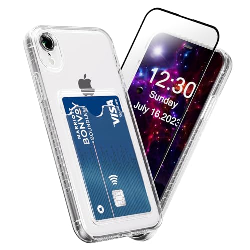 SharkProten Hülle für iPhone XR mit Gehärtetes Glas Schutzfolie, Handyhülle mit Kartenfach Kameraschutz Transparent TPU Anti-Gelb & Kratzfest Schutzhülle Weich Stoßfest Case Cover 6.1 von SharkProten