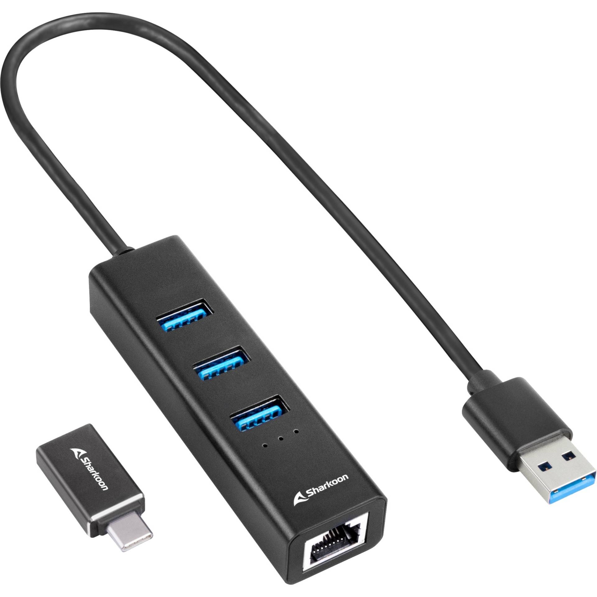 3-Port USB 3.2 Gen 1 Alu Hub + Ethernet, Dockingstation von Sharkoon
