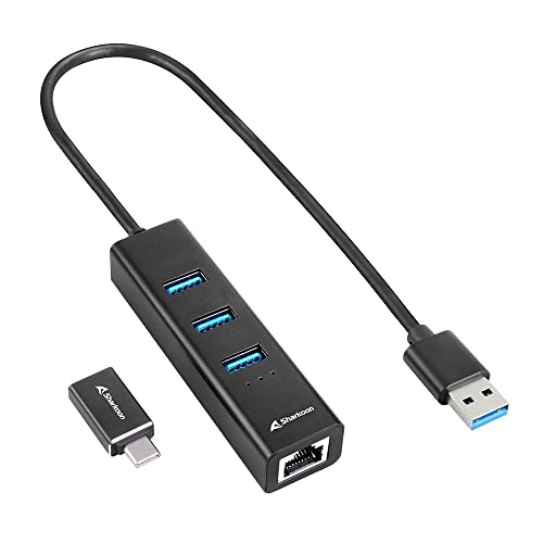 Sharkoon 3-Port USB 3.2 GEN 1 Aluminium Hub, RJ45 Ethernet Adapter, Schwarz von Sharkoon