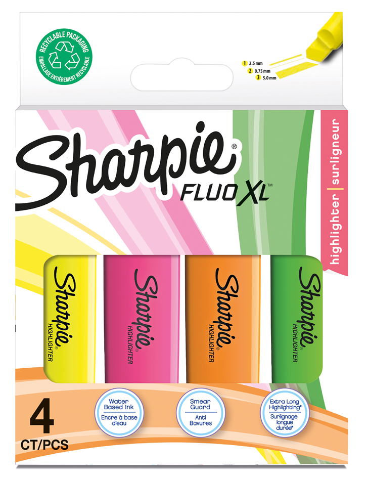 Sharpie Textmarker FLUO XL, farbig sortiert, 4er Blister von Sharpie