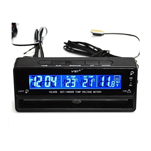 Digital LCD Innen Außen Temperaturmesser Spannungstester Voltmeter Auto Uhr Schwarz von Sharplace