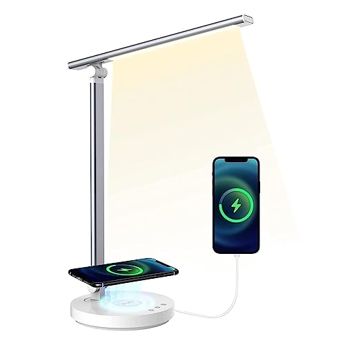 SHEEPPING Schreibtischlampe Led Wireless Charger Dimmbar Tischlampe Bürolampe Touch Control Ladefunktion Nachttischlampe mit USB Ladeanschluss 5 farb und 5 Helligkeitsstufen Memory Funktion Silber von Sheepping