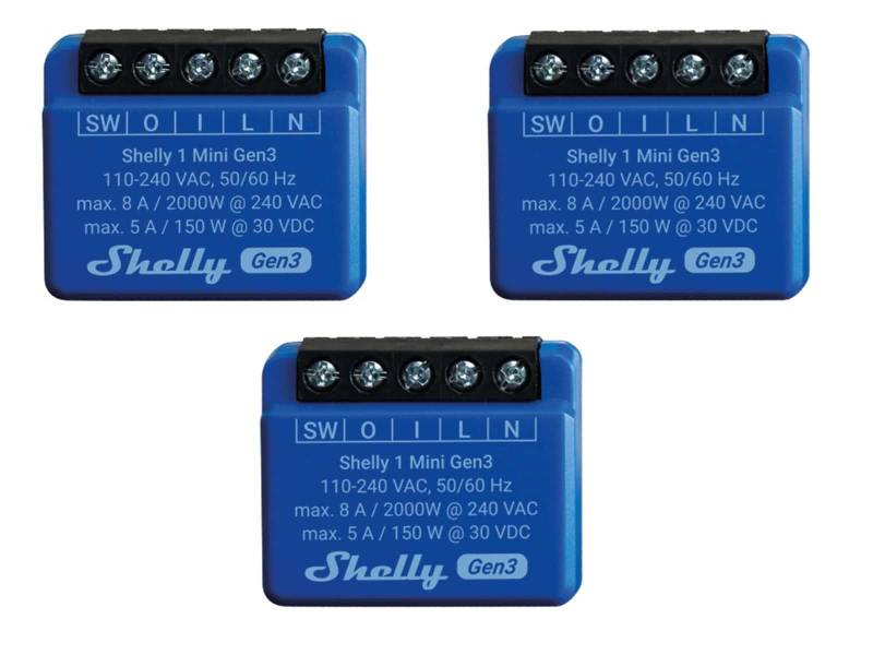 SHELLY WLAN-Schaltaktor 1 Mini Gen 3, blau, 3 Stück von Shelly