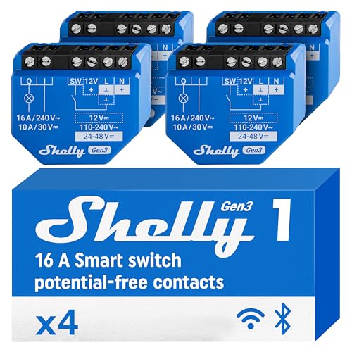 Shelly 1 Gen3 | WLAN Smart-Schalter-Relais mit Potentialfreie Kontakte | Lichtschalter | Hausautomation | Kompatibel mit Alexa & Google Home | iOS Android App | Kein Hub erforderlich (4 Stück) Shelly 1 Gen3 | WLAN Smart-Schalter-Relais mit Potentialfreie Kontakte | Lichtschalter | Hausautomation | Kompatibel mit Alexa & Google Home | iOS Android App | Kein Hub erforderlich (4 Stück) von Shelly