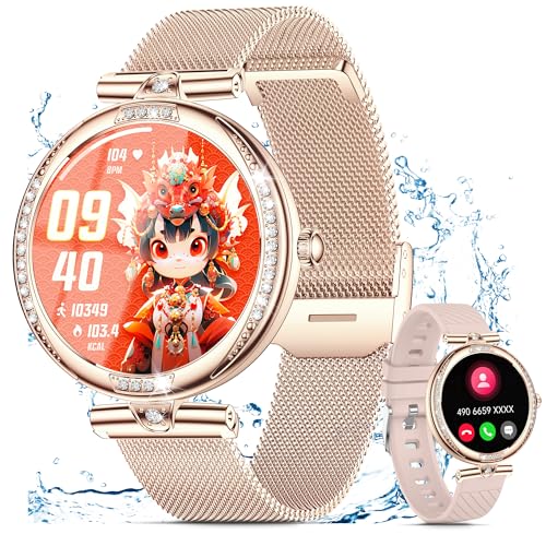 Smartwatch Damen mit Telefonfunktion 1.19" AMOLED Touchscreen IP68 Sportuhr mit Blutdruckmessung Pulsmesser Schlafmonitor SpO2 Menstruationszyklus Diamond Smart Watch für iOS Android (Gold) von Shepatio