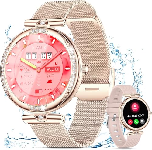 Smartwatch Damen mit Telefonfunktion 1.19" AMOLED Touchscreen IP68 Diamond Smart Watch mit 24H Pulsuhr Menstruationszyklus 120+ Sportmodi Schrittzähler Kalorien Fitness Tracker iOS Android (Rosegold) von Shepatio