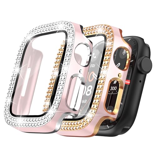 Shesyuki [2-Pack] Kompatibel für Apple Watch Bildschirmschutz 45mm 41mm 44mm 40mm Series 9 8 7 6 5 4,Zweifarbige Frauen glänzende Diamant Abdeckung mit gehärtetem Glas Bildschirmschutz für iWatch Case von Shesyuki