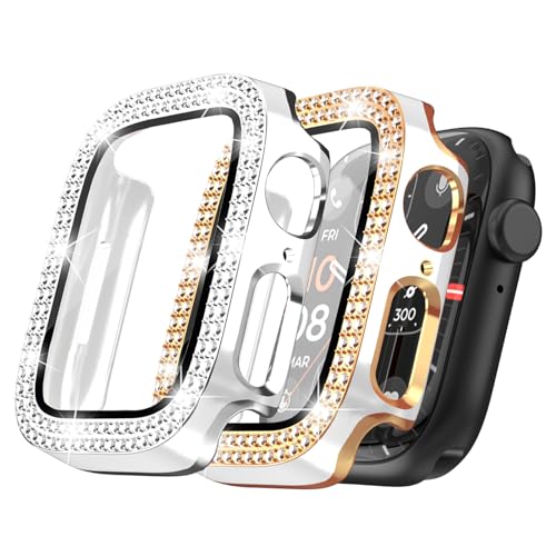 Shesyuki [2-Pack] Kompatibel für Apple Watch Bildschirmschutz 45mm 41mm 44mm 40mm Series 9 8 7 6 5 4,Zweifarbige Frauen glänzende Diamant Abdeckung mit gehärtetem Glas Bildschirmschutz für iWatch Case von Shesyuki