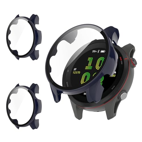 Shesyuki 2er Pack für Garmin forerunner 255 Displayschutzhülle [Full Coverage], Hard PC Bumper All-Around Schutz Zubehör für Garmin forerunner 255 Built-in gehärtetes Glas Film(Blau+Blau) von Shesyuki