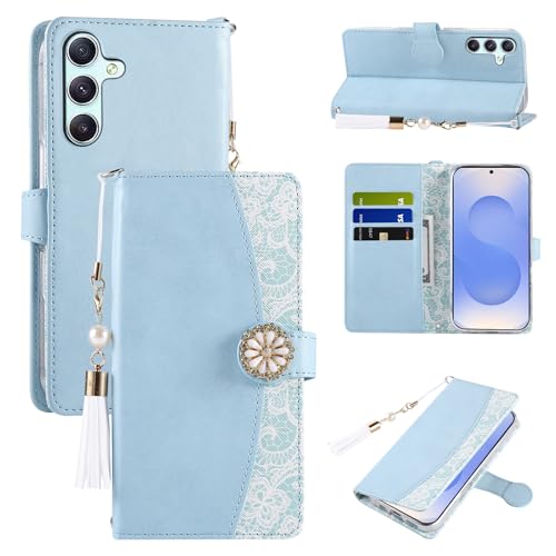 Shesyuki Leder Handytasche kompatibel für Samsung Galaxy S25, Niedliche Floral Flip Cover PU Wallet Case für Frauen mit Kartenhalter(Blau) von Shesyuki