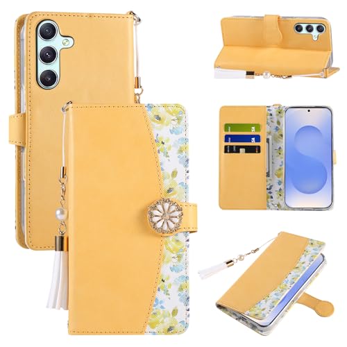 Shesyuki Leder Handytasche kompatibel für Samsung Galaxy S25, Niedliche Floral Flip Cover PU Wallet Case für Frauen mit Kartenhalter(Gelb) von Shesyuki